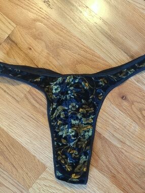 Cosabella Black Velvet Thong with Gold Floral Design